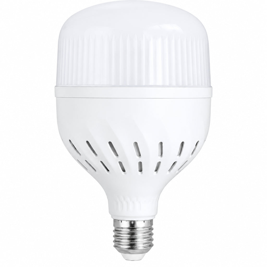 لمبة LED بيضاء بقدرة 45 وات وقاعدة E27، بغطاء مخطط وفتحات تهوية حول الجسم
