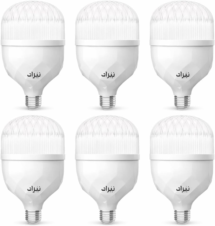 ست لمبات LED نيزك بغطاء كريستالي وجسم أبيض وقاعدة E27، مرتبة في صفين بكل صف ثلاث لمبات
