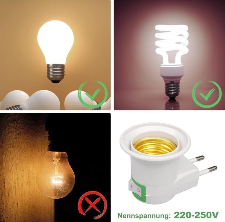رسم يوضح استخدام محول قاعدة اللمبة مع لمبات LED واللمبات الحلزونية، واستبعاد اللمبات المتوهجة
