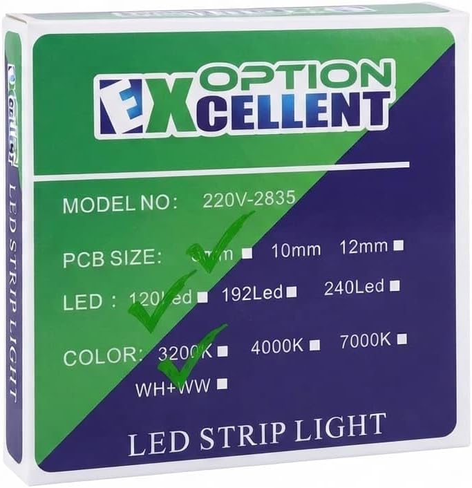 عبوة شريط إضاءة LED إكسلنت باللونين الأخضر والأزرق، تعرض جدول مواصفات الموديل والمقاس ولون الإضاءة.