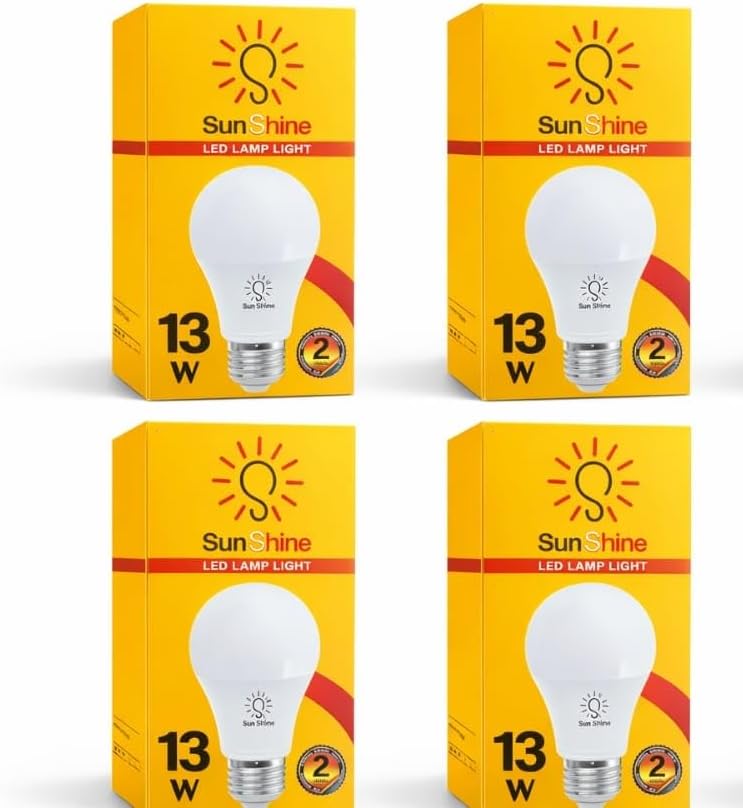 أربع عبوات صفراء للمبات LED صن شاين بقدرة 13 واط، مرتبة في صفين
