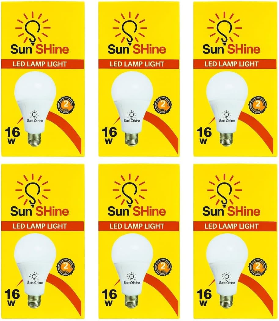 ست عبوات صفراء للمبات LED صن شاين بقدرة 16 واط، مرتبة في صفين بكل صف ثلاث عبوات
