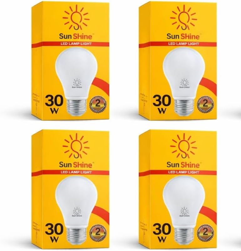 أربع عبوات صفراء للمبات LED صن شاين بقدرة 30 واط، مرتبة في صفين
