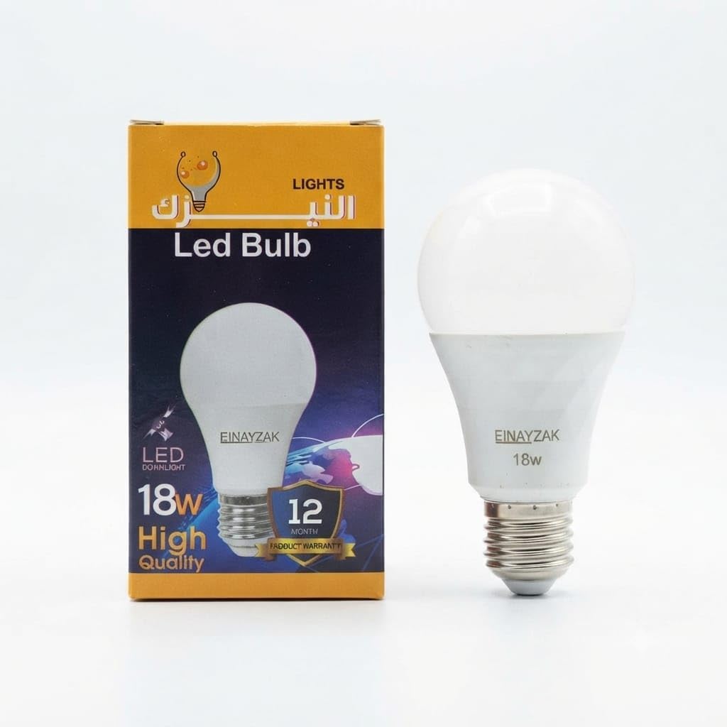 لمبة LED بيضاء بقدرة 18 واط وقاعدة E27 بجانب عبوتها
