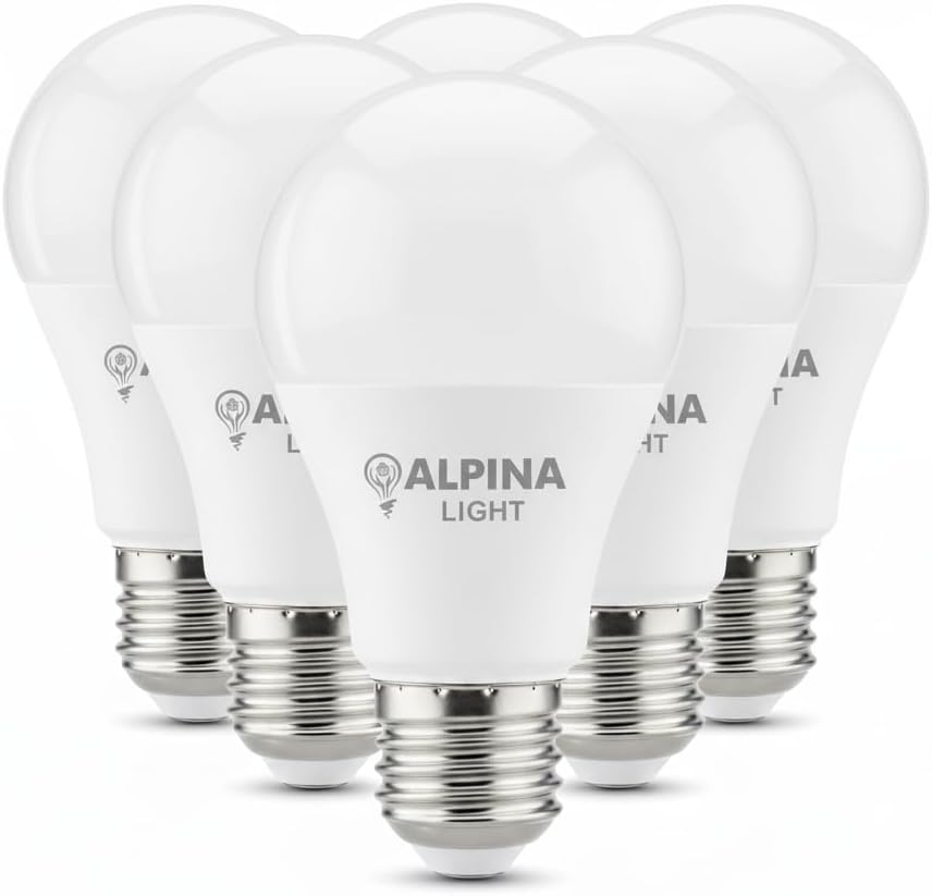 خمس لمبات البينا لايت LED بيضاء بقاعدة لولبية فضية، مرتبة بشكل متداخل على خلفية بيضاء.