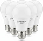خمس لمبات البينا لايت LED بيضاء بقاعدة لولبية فضية، مرتبة بشكل متداخل على خلفية بيضاء.