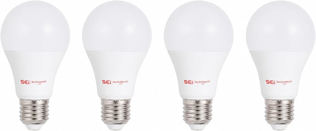 أربع لمبات LED بيضاء من السويدي بقدرة 9 وات وقاعدة لولبية E27، مرتبة بجانب بعضها
