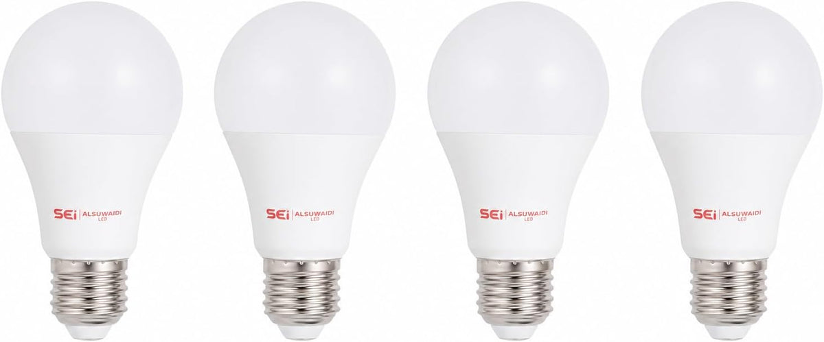 أربع لمبات LED بيضاء من السويدي بقدرة 9 وات وقاعدة لولبية E27، مرتبة بجانب بعضها
