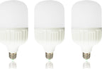 ثلاث لمبات LED بيضاء بقدرة 65 واط وقاعدة E27، مرتبة بجانب بعضها مع انعكاس أسفلها
