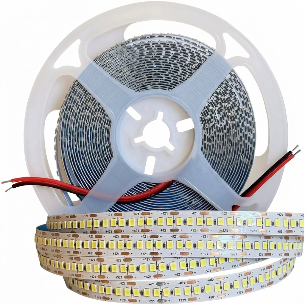 بكرة شريط إضاءة LED 2835 مع جزء مفرود يُظهر وحدات الإضاءة وأسلاك التوصيل الحمراء والسوداء.