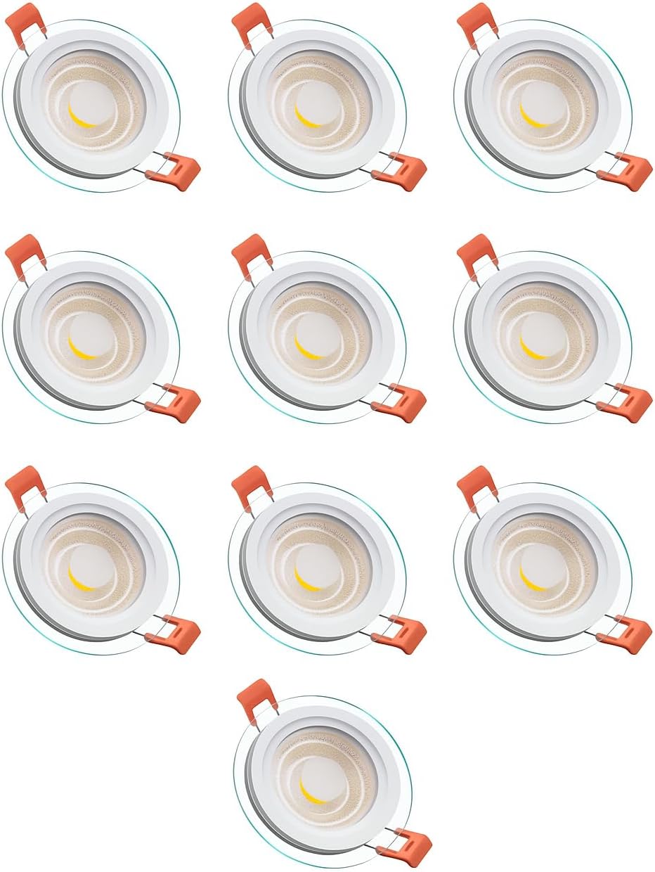 سبوت لايت LED دائري مدمج، طقم 10 قطع، 6 واط، 3 درجات حرارة لون (3000K/4000K/6000K)، زجاج عالي الجودة، تركيب سقفي، إضاءة ديكور داخلية