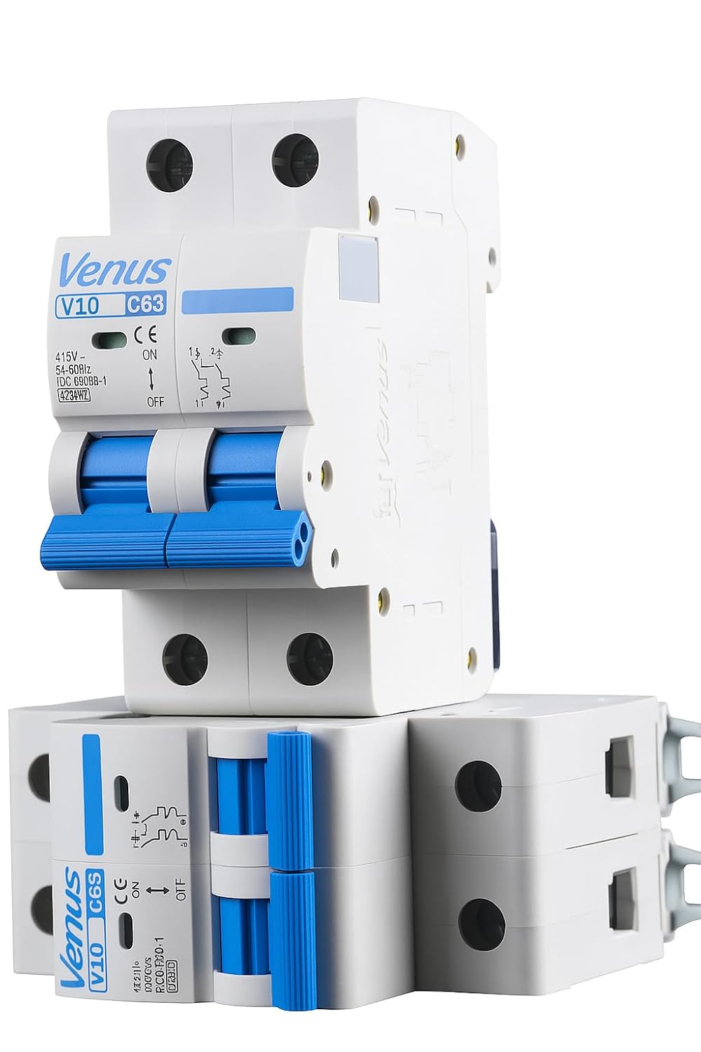 قاطعان كهربائيان فينوس V10 C63 باللونين الأبيض والأزرق، أحدهما قائم فوق الآخر الموضوع أفقيًا
