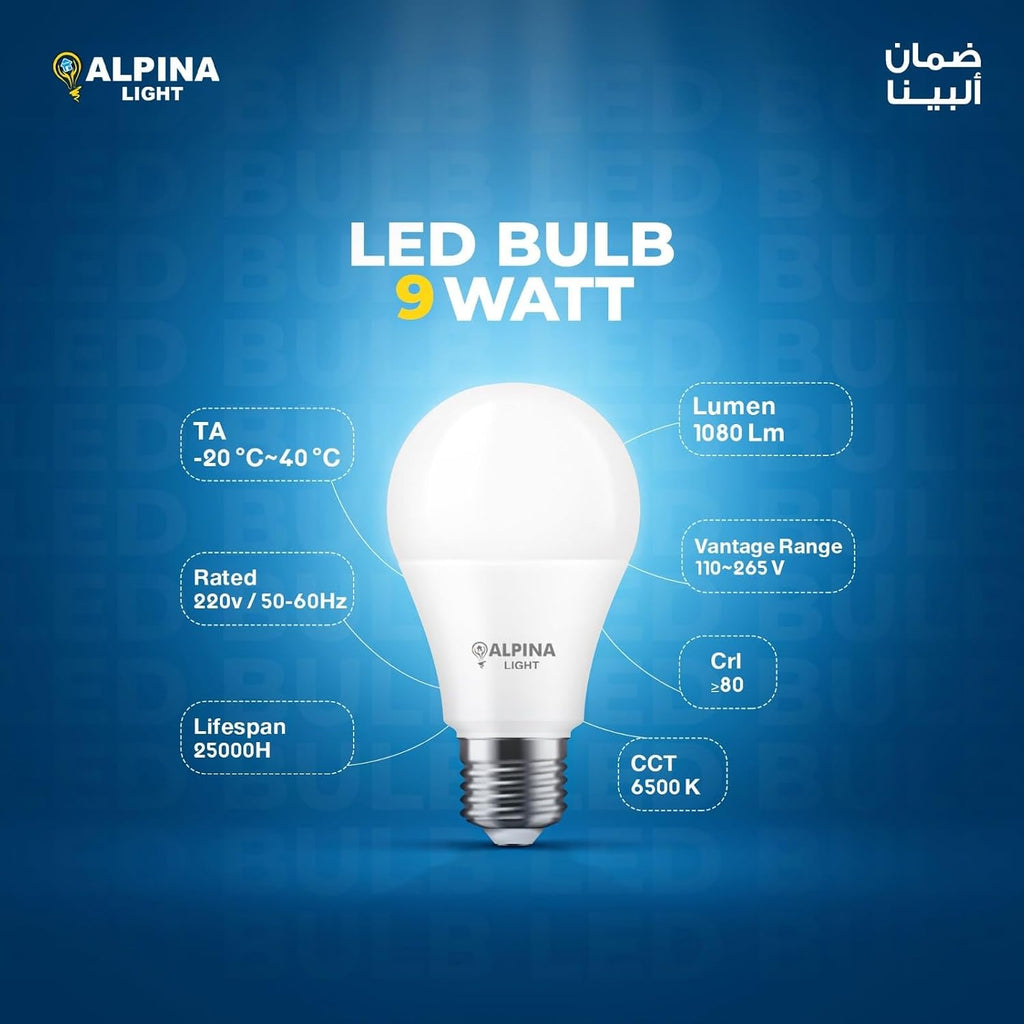 صورة توضيحية للمواصفات حول لمبة البينا لايت LED، تشمل قدرة ٩ واط وإضاءة ١٠٨٠ لومن ودرجة لون ٦٥٠٠ كلفن.