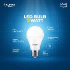 صورة توضيحية للمواصفات حول لمبة البينا لايت LED، تشمل قدرة ٩ واط وإضاءة ١٠٨٠ لومن ودرجة لون ٦٥٠٠ كلفن.