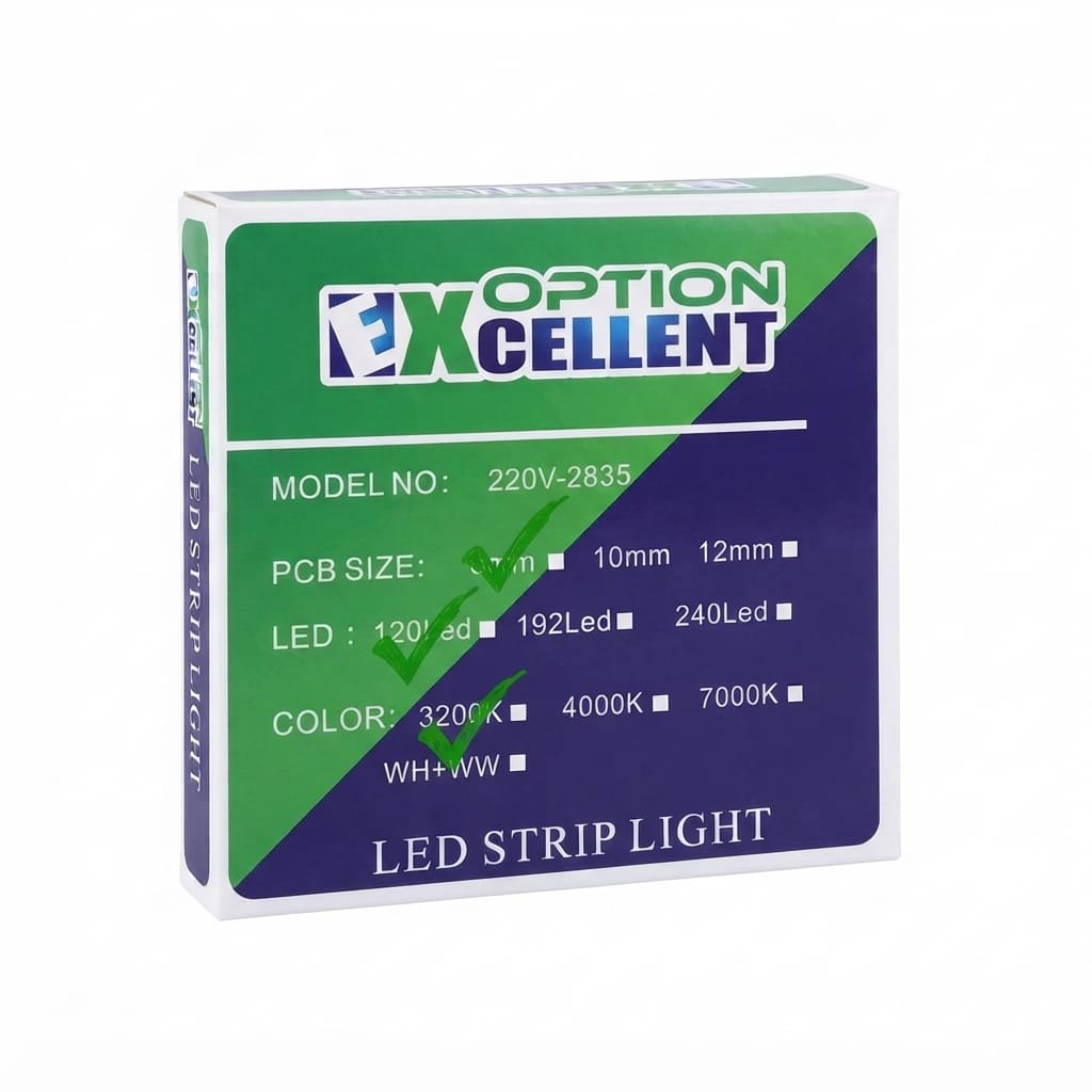 ظهر عبوة شريط إضاءة LED 2835، موضحًا خيارات عرض الشريط وعدد الليدات ودرجة لون الإضاءة
