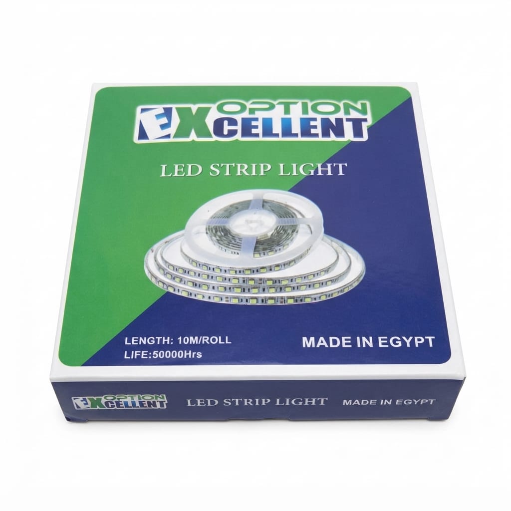 عبوة شريط إضاءة LED بطول 10 أمتار، باللونين الأخضر والأزرق وصورة بكرة الشريط
