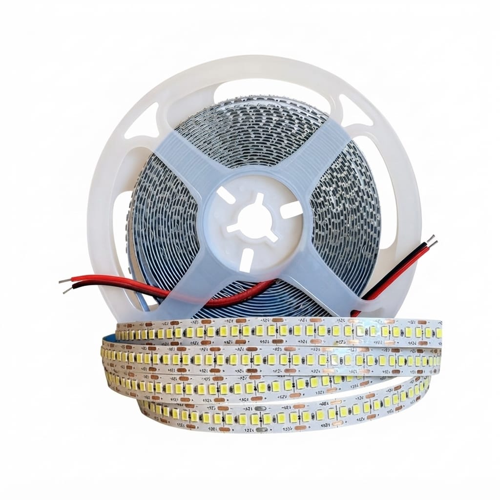 بكرة شريط إضاءة LED مع جزء مفكوك يوضح وحدات الإضاءة وأسلاك التوصيل الحمراء والسوداء
